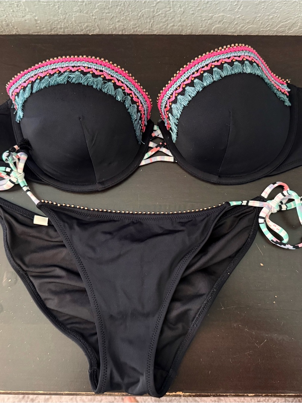 Victoria’s Secret Black Bikini Set with Pink & Teal Trim colored fringe beads